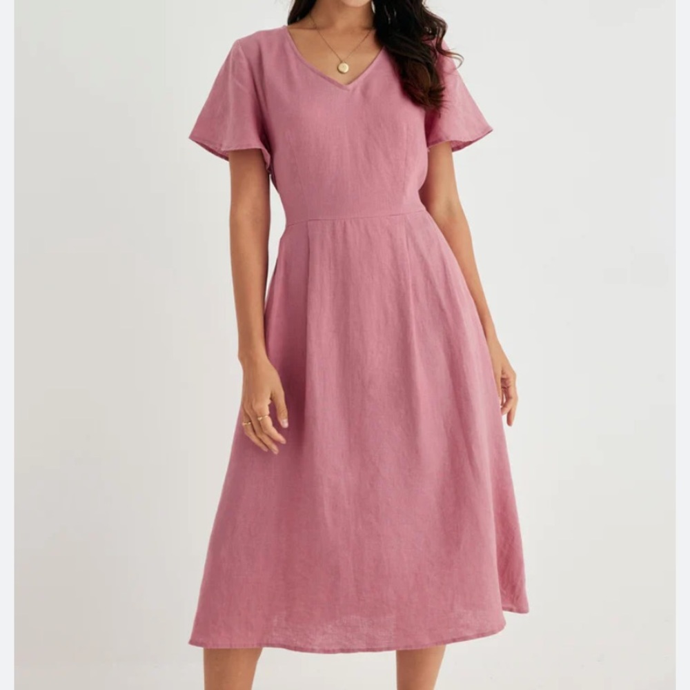 Grae Cove Hanna Linen Midi Dress Flutter Sleeves Pink size XL Pockets